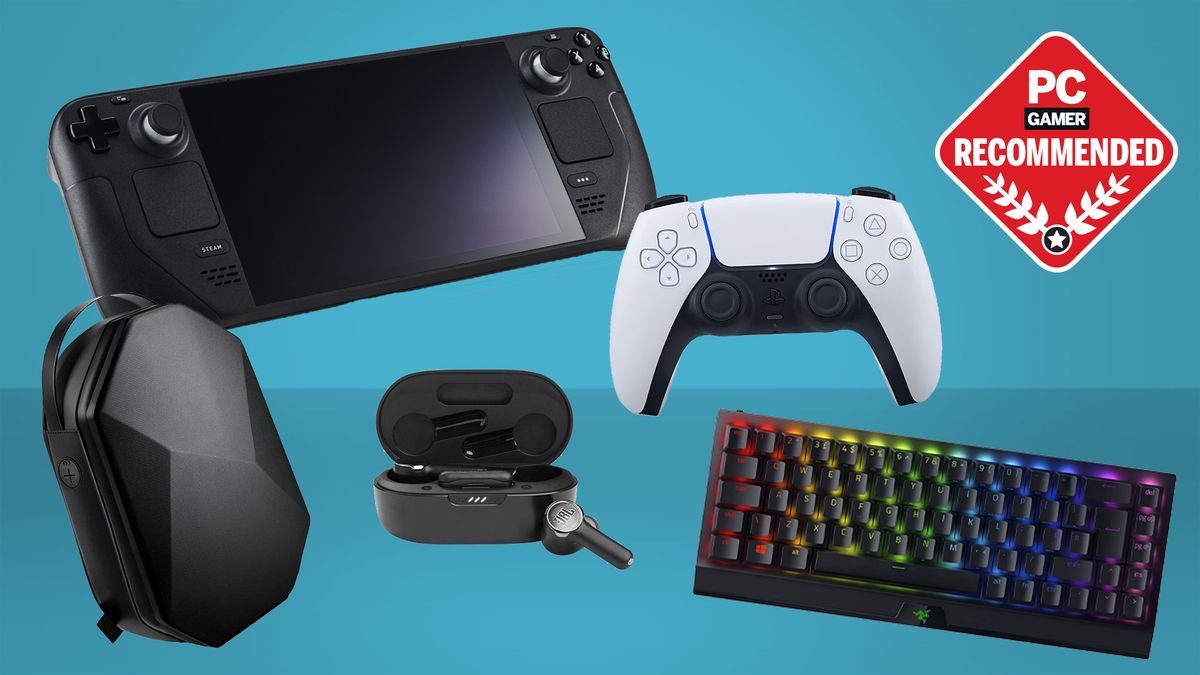 A bunch of the best Steam Deck accessories on a blue background.